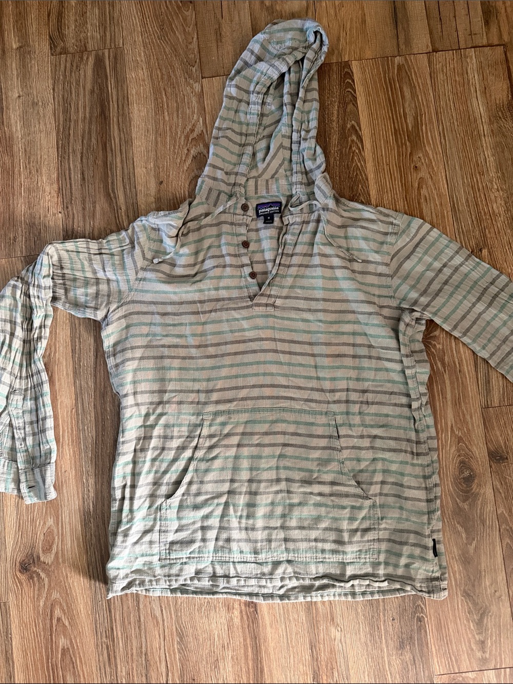 Patagonia Striped Hooded Pullover in Sage and Cream